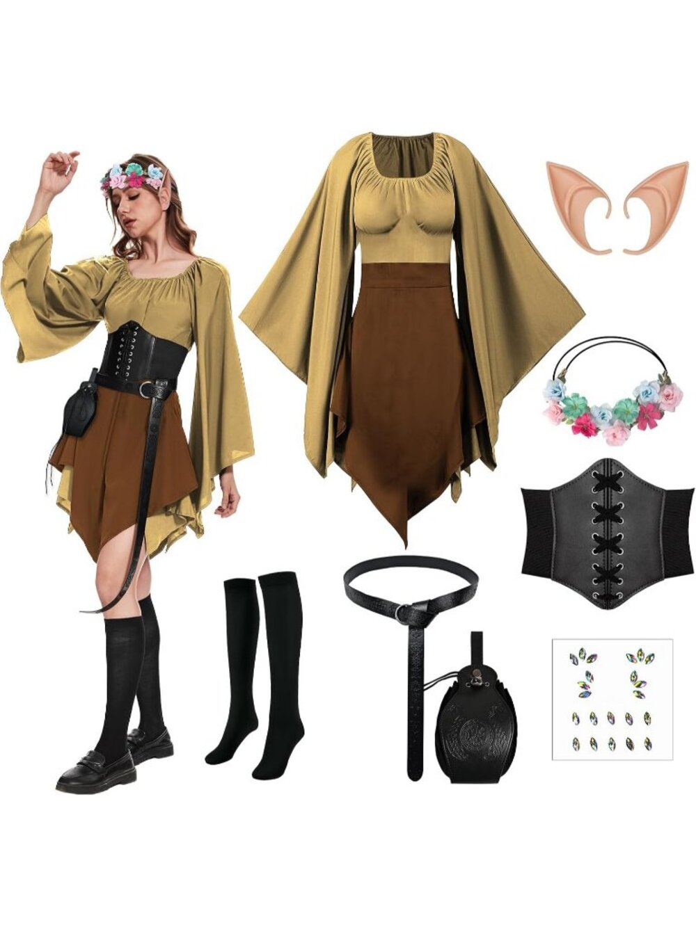 Women's Khaki and Brown 8PCS Elf Renaissance Traditional Irish Halloween Dress